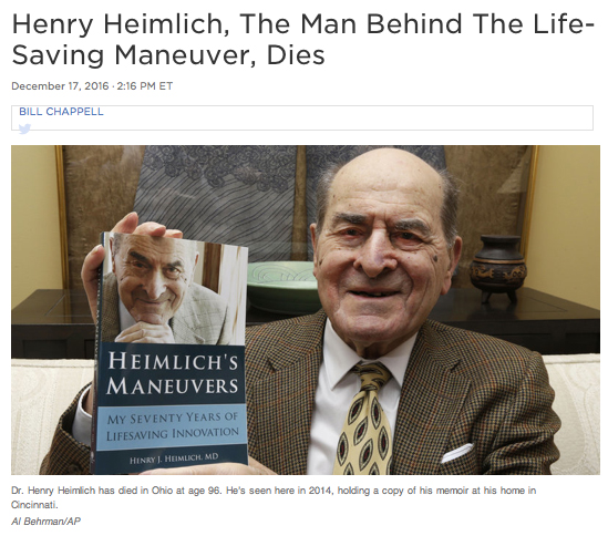 Dr. Henry Heimlich dies - NPR coverage