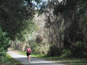 When running the Gainesville-Hawthorne Trail, I wear a hat and sunscreen and take a drink.
