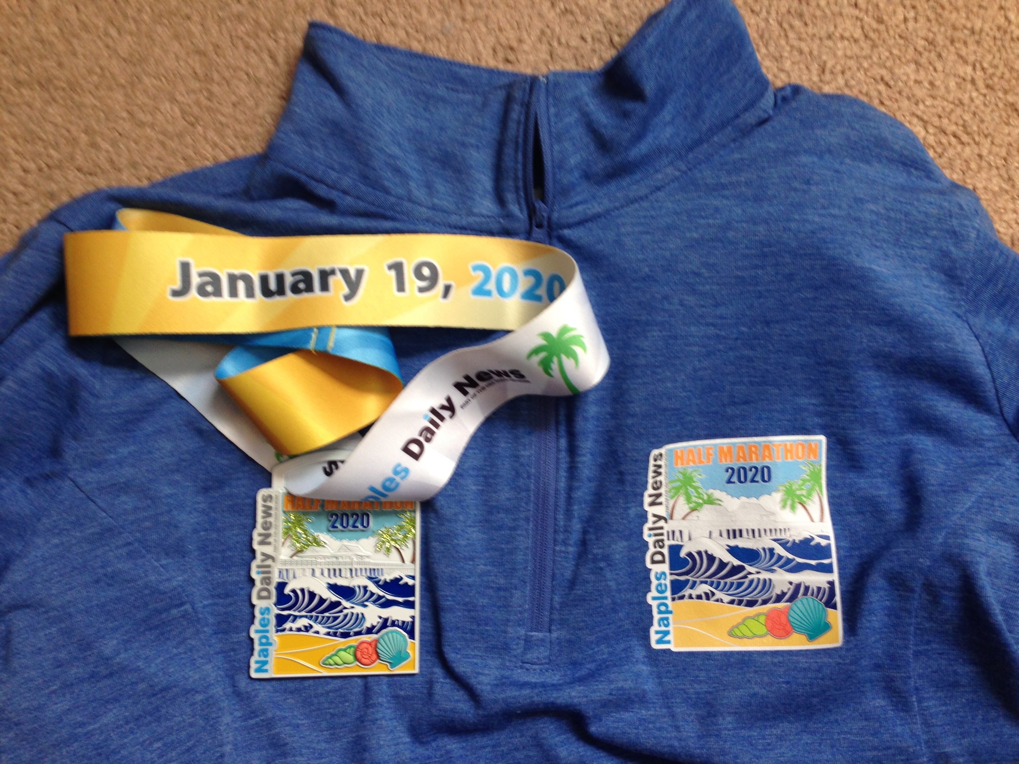 Naples Half Marathon shirt and finisher medal